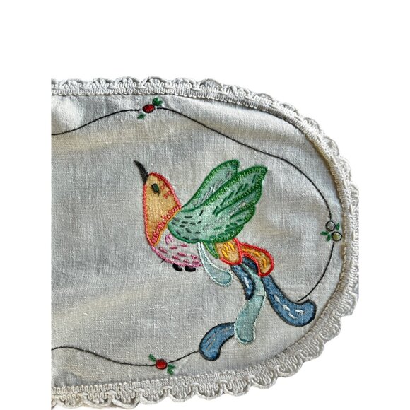 Hand-Painted & Embroidered Table Runner 22" X 11" Beige Cotton Linen Blend Bird - Picture 2 of 9